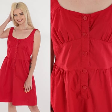 Red Mini Dress 90s Button up Day Dress Retro Sleeveless Empire Waist Summer Sundress Simple Plain Basic Casual Girly Vintage 1990s Medium M 