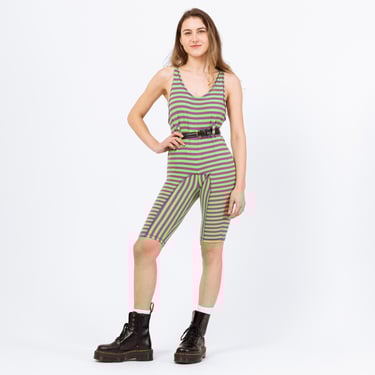 Vintage 80s Green & Purple Striped Fitted Romper - Petite XXS | Biker Shorts Jumpsuit, Sleeveless Scoop Neck Playsuit, Aerobics Leotard 