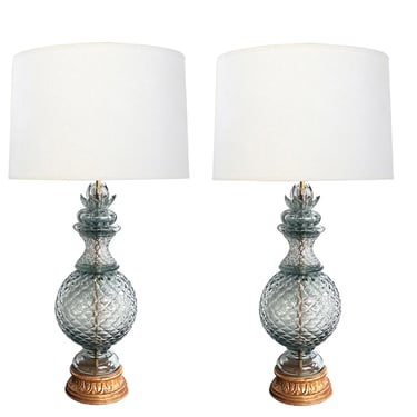 Impressive Pair of Murano Pale-blue Pineapple-form Lamps by Seguso for Marbro