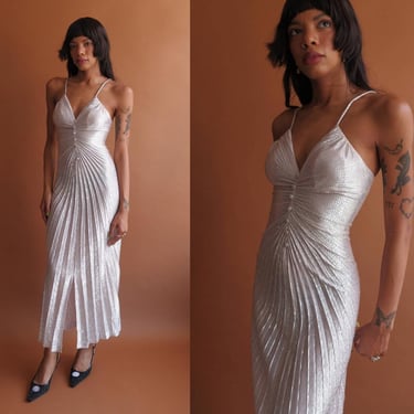 Vintage 70s Pleated Silver Lamé Dress/ 1970s Studio 54 Accordion Pleat Party Dress/ Metallic Lurex/ Size XS 