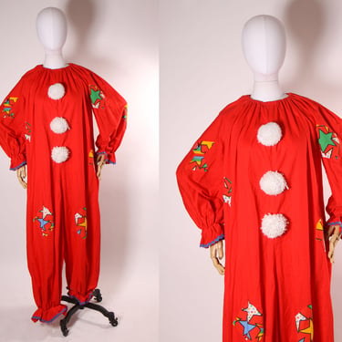 1980s Red Long Sleeve Novelty Star One Piece Jumpsuit Clown Costume 