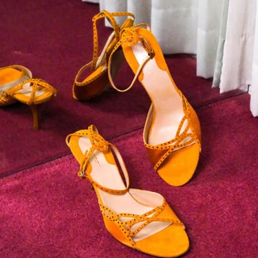 DONNA KARAN Stephanie Orange Satin Rhinestone Ankle Strap Heels Unworn w/ Box | Made in Italy | Size 10 | 2000s Y2K Designer Womens Pumps 