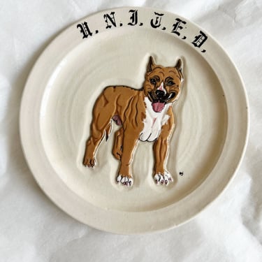 Vintage Ceramic Plate NY Bull Dog, Mid Century, Samj. Ceramics, Signed Art, Dogs 