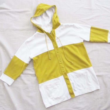 90s Yellow Stripe Colorblock Womens Jacket S M - Jones New York Hooded Casual Snap Button Jacket - AS IS 