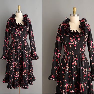 vintage 1960s Dress | Vintage Victor Costa Floral Print Long Sleeve Dress | Large 