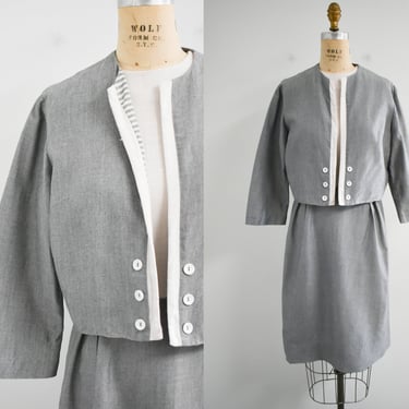 1950s/60s Bobbie Brooks Gray and White Dress and Jacket Set 