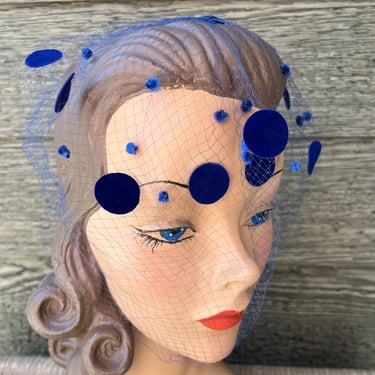 1950s net fascinator veil vintage true blue polka dot netted cap hat 