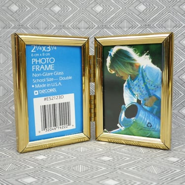 Small Vintage Hinged Double Picture Frame - Gold Tone Metal w/ non-glare Glass - Holds Two Wallet Size 2 1/4