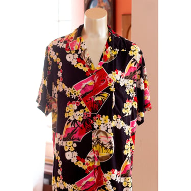 ON HOLD Vintage Hawaiian Shirt - 1960s, 1970s - Black, Yellow, Hot Pink - Floral, Surfing, Beach - Summer, Mid Century - Elvis, Mad Men 
