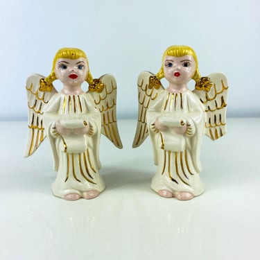 Vintage 1950s Singing Angel Ceramic Figurine Set of 2, Gold Accents, Hobbyist Painted Ceramic Mold Style, Kitschy Christmas, Christmas Angel 