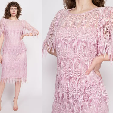 80s Deco Lilac Crochet Fringe Flapper Dress - Medium | Vintage Boho 1920s Style Purple Midi Party Dress 