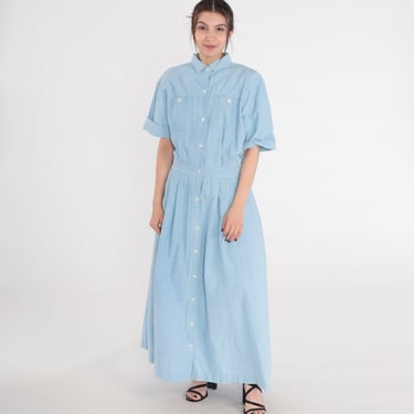 Denim Maxi Dress 80s Blue Jean Button up Day Dress Retro Short Sleeve High Waisted Collared Chest Pocket Vintage 1980s Extra Large xl 16 