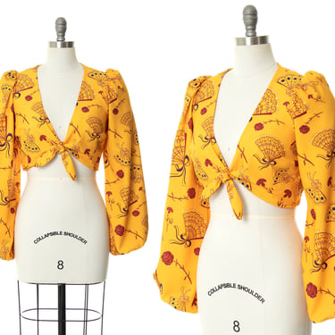 Modern 30s 40s Style Blouse | DEADSTOCK Laura Byrnes Pin Up Girl Novelty Print Fans Roses Floral Yellow Long Sleeve Crop Top (small/medium) 