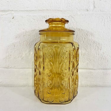 Vintage Glass Kitchen Canister L E Smith Amber Yellow Apothecary Jar Atterbury Scroll Storage Glassware Cookie Boho 1970s 