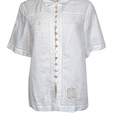 Rebecca Taylor - White Short Sleeve Linen Button Down w/ Embroidery Detail Top Sz M