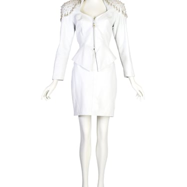 Cachè Vintage 1980s Pearl Rhinestone Embellished White Leather Jacket and Skirt Suit