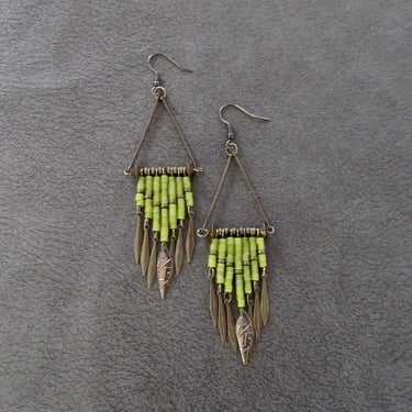 Long seed bead chandelier earrings, lime green and bronze 