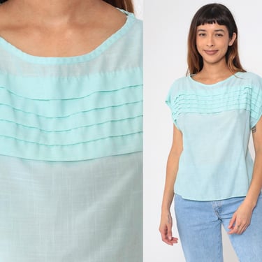 80s Semi-Sheer Aqua Top Light Blue Pleated Cap Sleeve Blouse Plain Cap Sleeve Top 1980s Retro Thin Round Neck Pullover Vintage Medium 