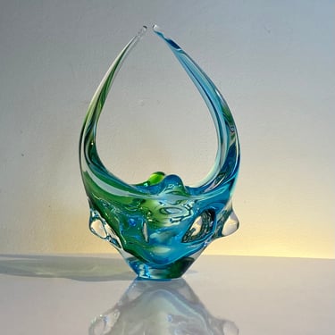 Murano Sommerso glass basket by Formia in green, turquoise and clear 