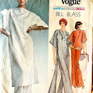 Vogue Sewing Pattern, Caftan, Long Tunic, Wide Leg Pants, Top, Factory Folded, with Instructions, Bill Blass 70s 80s 