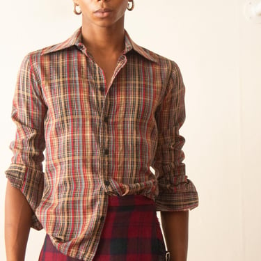 1970s Plaid Cotton Skinny Button Down 