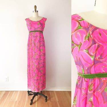 SIZE XS Vintage 1960s Emma Domb Dress - Regency Pink Floral Maxi Dress - Long Hostess Velvet Silk Ribbon Tulip Bridgerton 