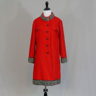 60s Red Wool Coat - Gray Black Faux Curly Fur Trim - Vintage 1960s - M 