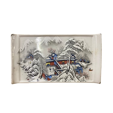 Distressed White Porcelain Snow Trees House Rectangular Display Plate ws3204E 