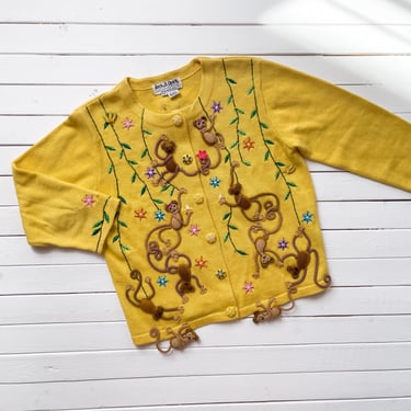 yellow cardigan sweater 90s y2k vintage Jack B. Quick embroidered monkey novelty sweater 