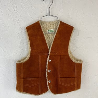 Vintage 'Genuine Leather' Suede Leather Faux Shearling Lined Kids Vest / 12 