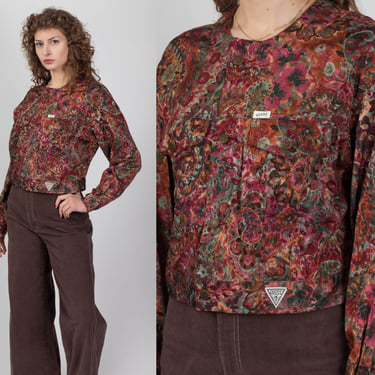 Large 90s Guess Floral Cropped Jacket | Vintage Button Up Lightweight Crop Coat 