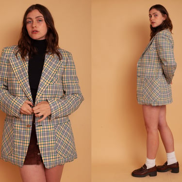 Vintage 70s Primary Color Oversized Slouchy Blazer Checkered Jacket Power Suit 