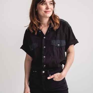 The Architect Shirt | Vintage Black and Forest Green Short Sleeve Shirt | Contrast Thread Simple Cotton Work Blouse | XS S M L XL | 