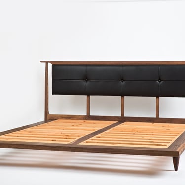 Solid Walnut Wood Bed with Upholstered Headboard | Wood Bedframe | Mid Century Modern Furniture | Wooden Platform Bed | Custom Furniture 