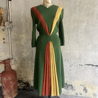 Vintage 1940s Green Orange & Yellow Cotton Knit Dress Hourglass Fit Full Length
