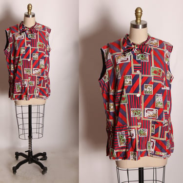 1960s Red and Purple Novelty Postage Stamp Travel Sleeveless Bow Collar Blouse -2XL 