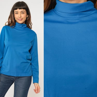 70s Blue Turtleneck Shirt Long Sleeve Top Bright Basic Simple Plain Blouse Mod Retro Vintage 1970s Medium 