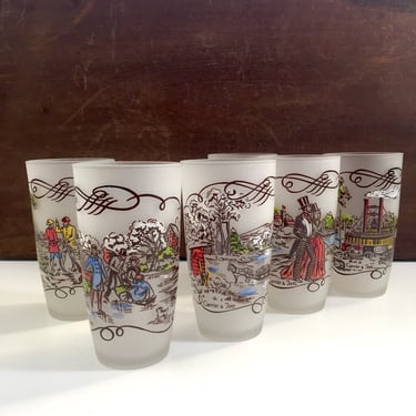 Hazel Atlas Gay Fad glasses - Currier and Ives set of 6 - frosted cooler glasses 