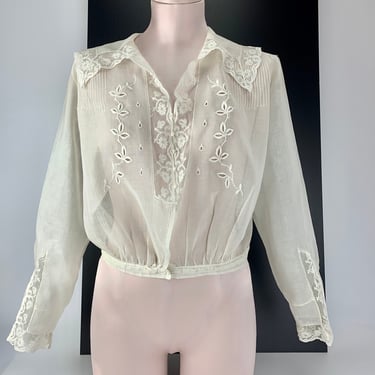 Edwardian Sheer Cotton Blouse - Beautiful Embroidery & Lace Details - Museum Quality - Womens Size Medium 