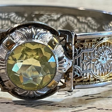 Art Deco filigree bracelet vintage JJ White silver gold and citrine buckle bangle 