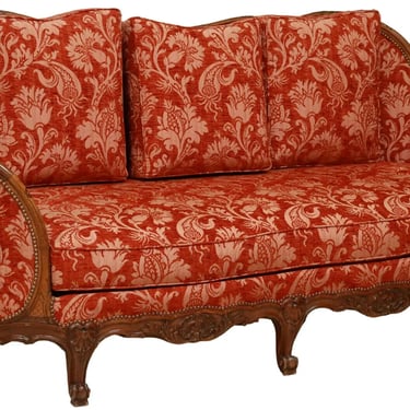 Sofa, French Louis XV Style, Upholstered 79.25&quot;W, Red Damask, Vintage / Antique