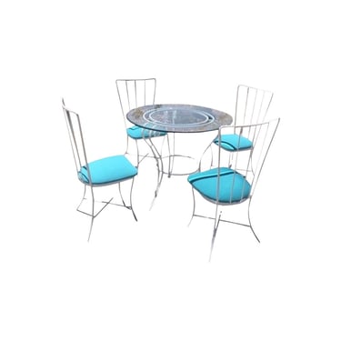 Mid century modern wrought iron patio outdoor set 4 chairs & table sunbrella restored white teal Aruba white 