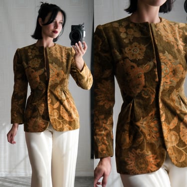 Vintage 80s BILL BLASS for Neiman Marcus Golden Earthtone Velvet Mandala Floral Hourglass Shape Jacket | Made in USA | 1980s Designer Blazer 