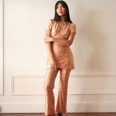 1970s Terracotta and Sand Space Dye Satin Jersey Ensemble 