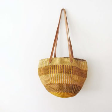 Vintage Woven Sisal Tote Bag - Striped Brown Yellow Woven Farmers Market Bag -  Leather Strap Natural Fiber Jute Purse - Bohemian Market Bag 