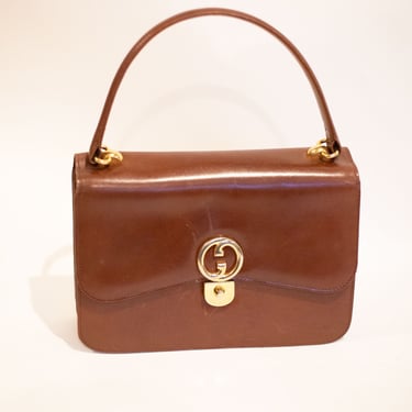 GUCCI 1973 Rare Brown Top Handle Clasp Bag with Gold Hardware 70s GG Logo Monogram Satchel Blondie Kelly 1970s 
