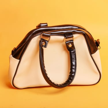 70s Black Trim Cream Faux Leather Mini Bag Vintage Bowling Handle Small Purse 