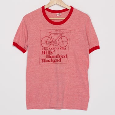 Sm-Med 80s Bicycle Red Ringer Tee | Vintage Indiana Hilly Hundred Weekend Cycling Graphic T Shirt 