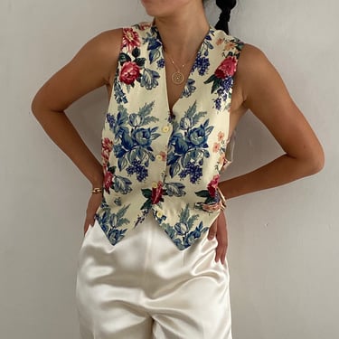 90s waistcoat vest / vintage woven linen wallpaper floral button front vest waistcoat sleeveless blouse | Medium 