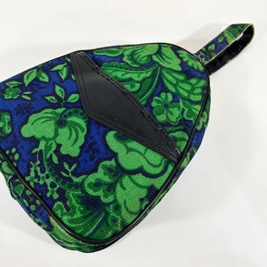 Vintage Blue Green Floral Tapestry Shoe Bag Travel Overnight Carry On Train Case Black Vinyl Luggage Travel Vacation 1960s 1950s 